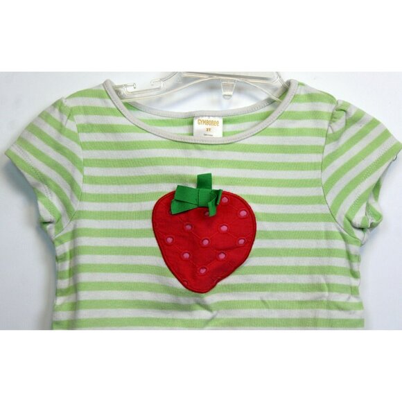 2013 Gymboree Strawberry Sweetheart T-Shirt 3T Green Stripes Applique Puff Sleev - Picture 2 of 7